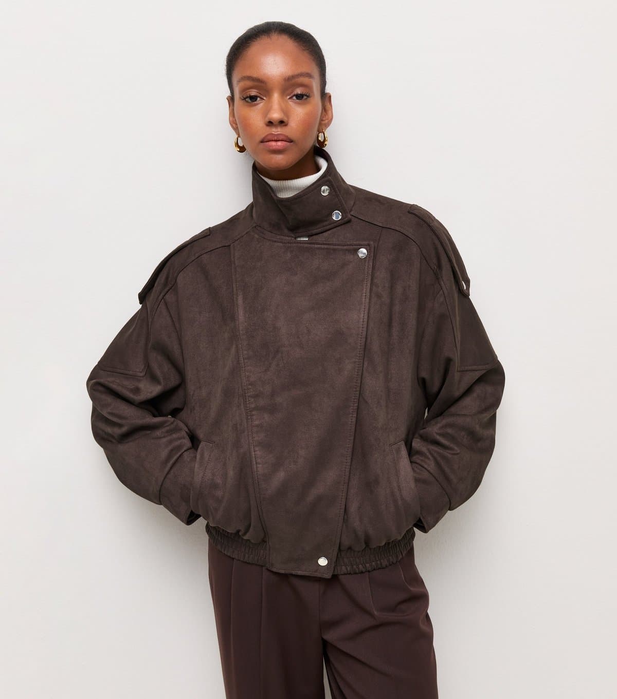 New Look Women's Dark Brown Faux Suede Asymmetric Front Wrap Funnel Neck Jacket Vegan New Look