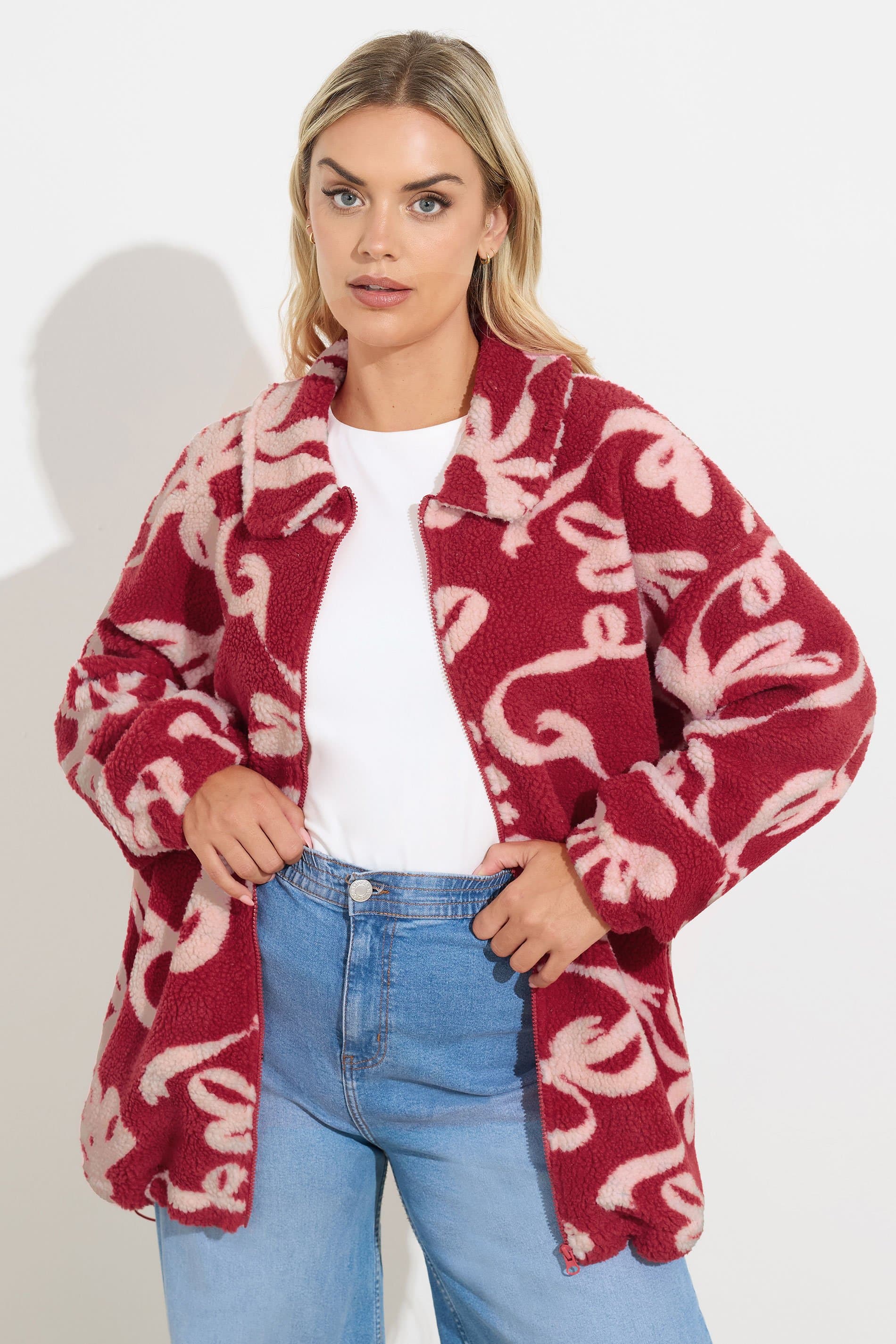 Yours Plus Size Red Bow Print Fleece Jacket