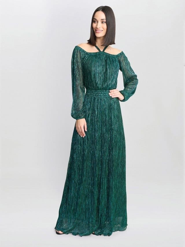 Gina Bacconi Gina Bacconi Women's Sylvia Metallic Off-The Shoulder Dress in Green - 1