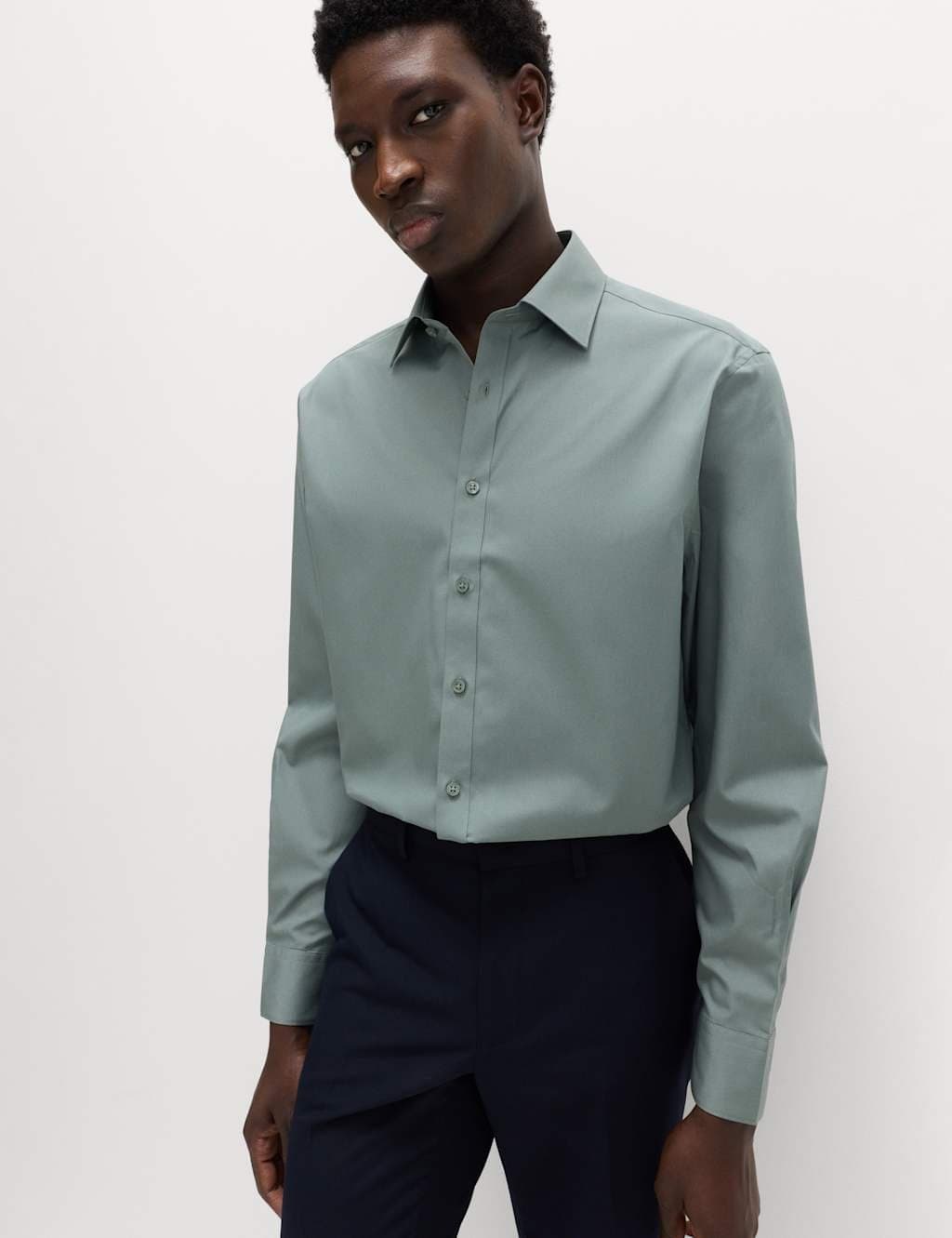 Marks & Spencer M&S Regular Fit Easy Iron Cotton Blend Shirt Dark Sage