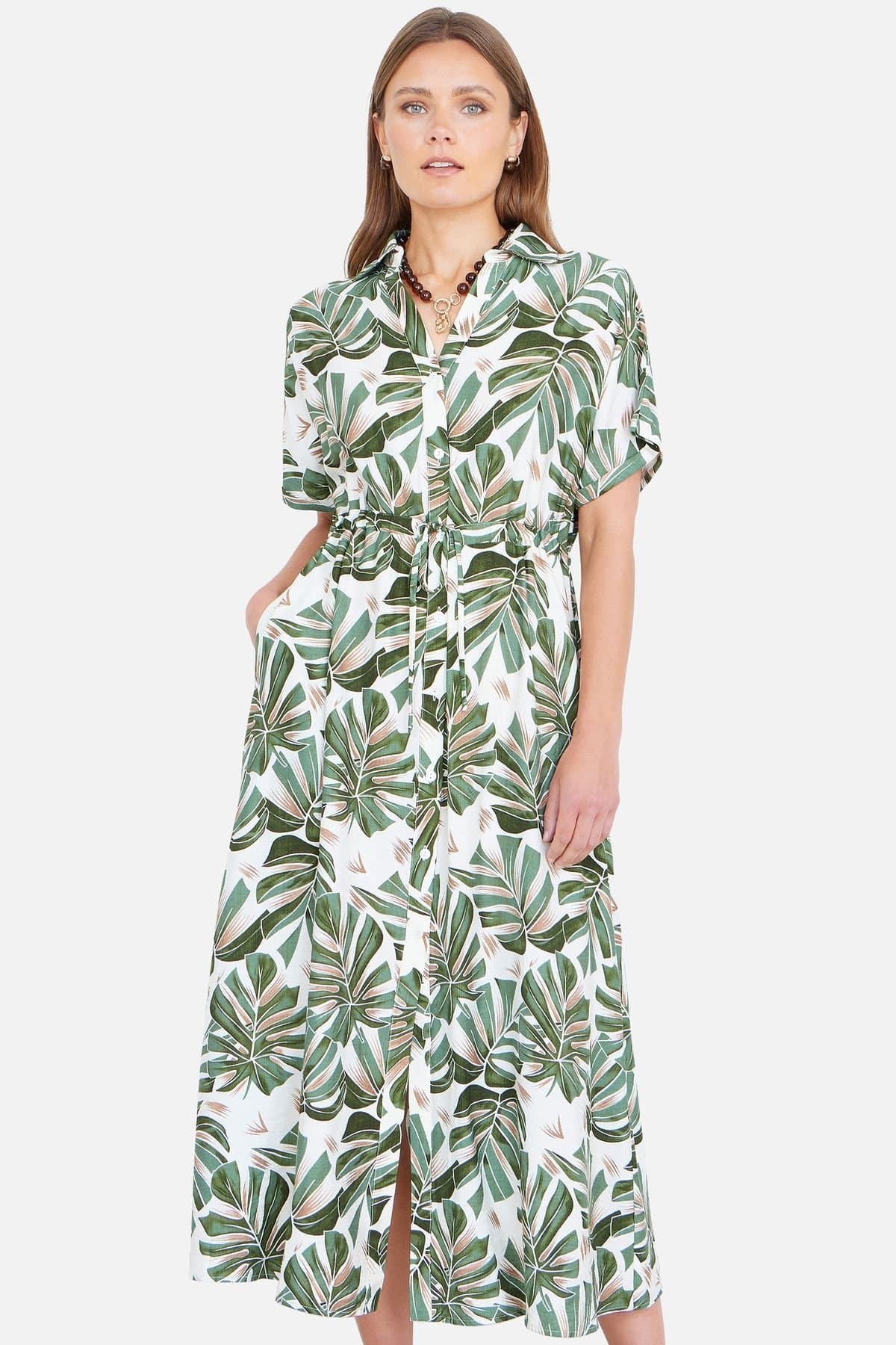 Yumi Yumi Women's Viscose Relaxed Boho Print Maxi Shirt Dress in Green