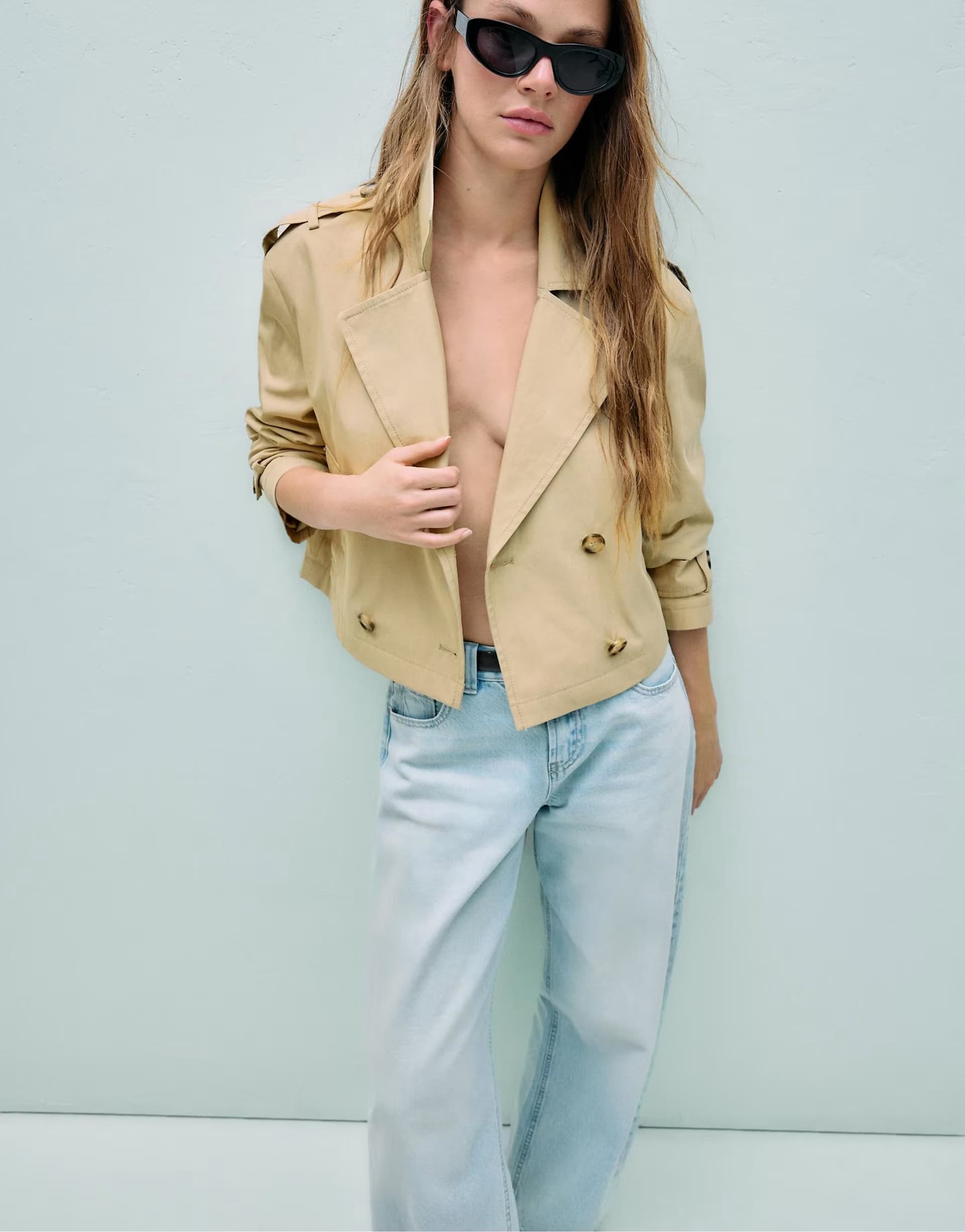 ASOS Stradivarius Short double-breasted trench coat in stone