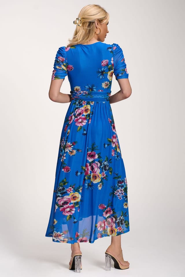 Jolie Moi Jolie Moi Women's Petite Mesh Print Dip Hem Maxi Dress in Royal - 2