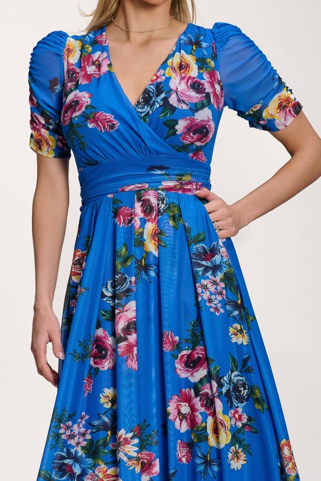 Jolie Moi Jolie Moi Women's Petite Mesh Print Dip Hem Maxi Dress in Royal - 3