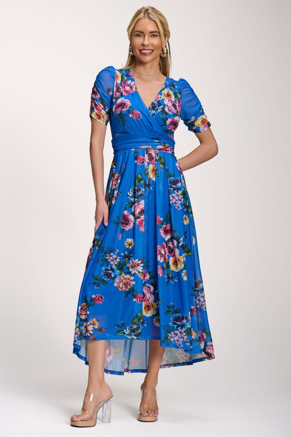 Jolie Moi Jolie Moi Women's Petite Mesh Print Dip Hem Maxi Dress in Royal - 4