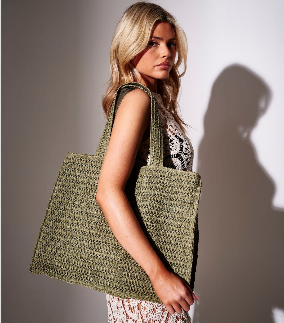 South Beach South Beach Green Straw Woven Tote Bag