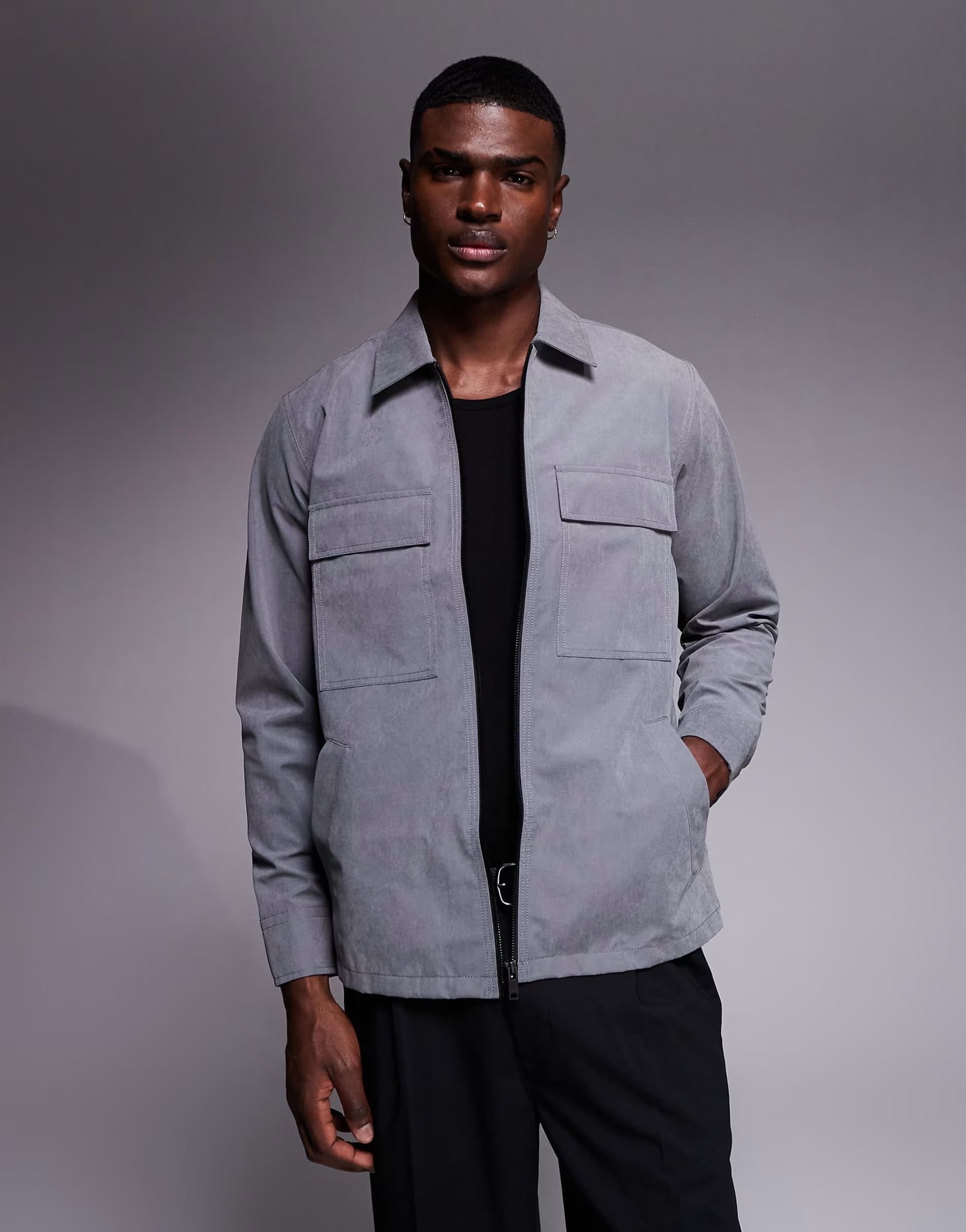 ASOS Boss Orange lozzy zip thru utility overshirt in grey