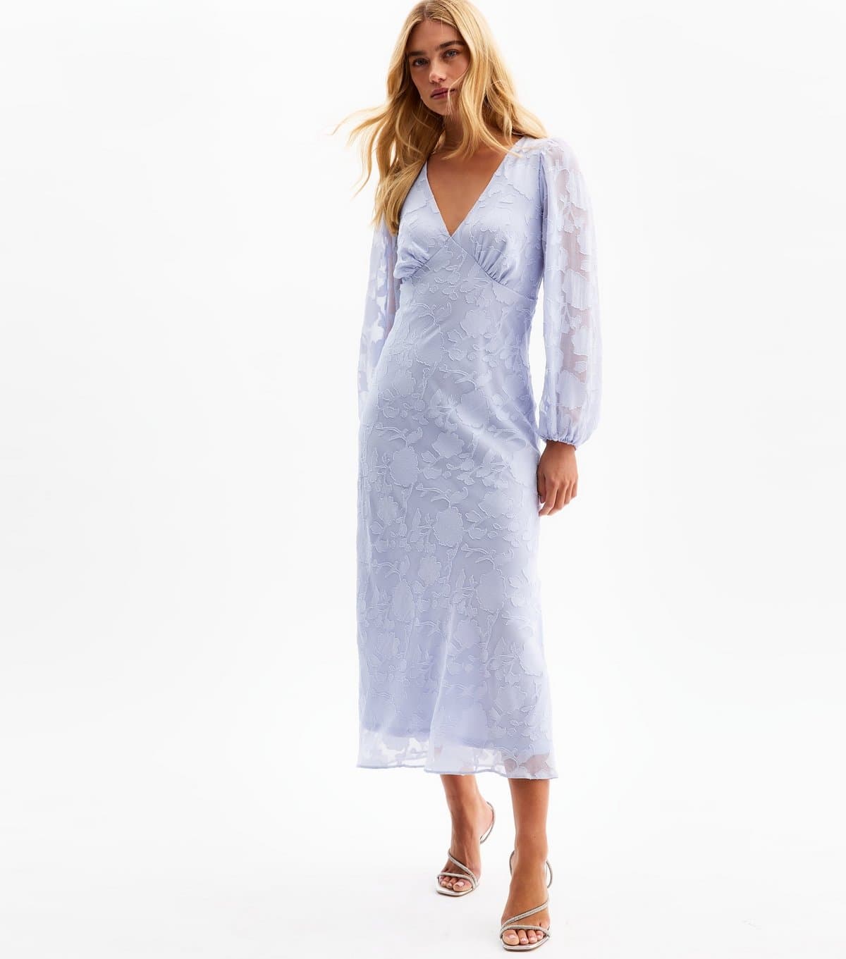 New Look Women's Light Blue V-Neck Floral Devoré Long Sleeve Midi Dress New Look