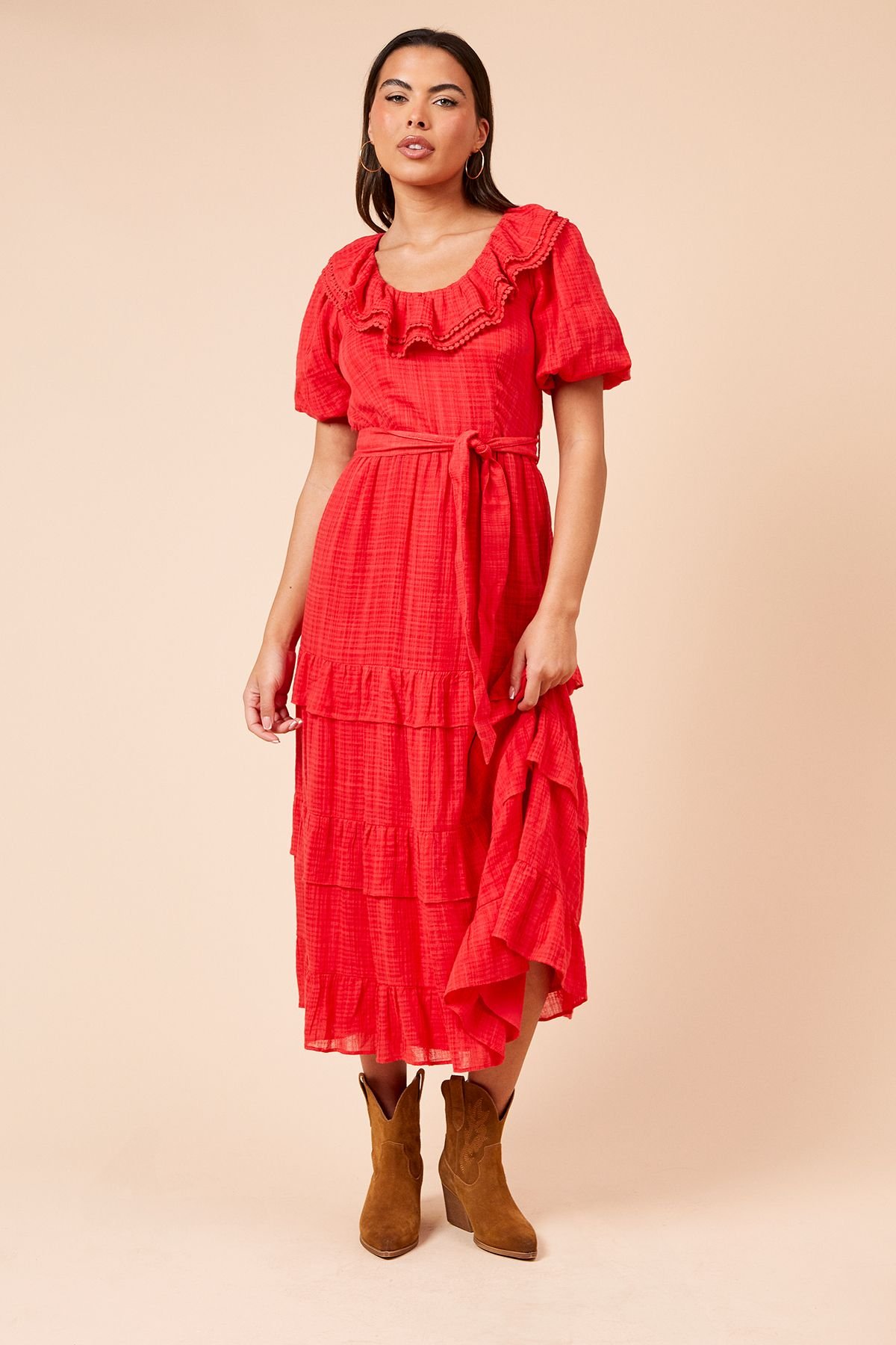 Dorothy Perkins Dorothy Perkins Women's Scoop Neck Ruffle Tiered Midi Dress in Red - 2