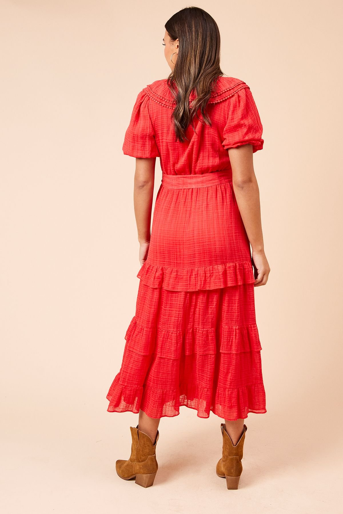 Dorothy Perkins Dorothy Perkins Women's Scoop Neck Ruffle Tiered Midi Dress in Red - 3