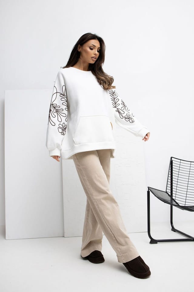 Love Lace Love Lace Women's Embroidered Puff Sleeve Kangaroo Sweatshirt in White - 2