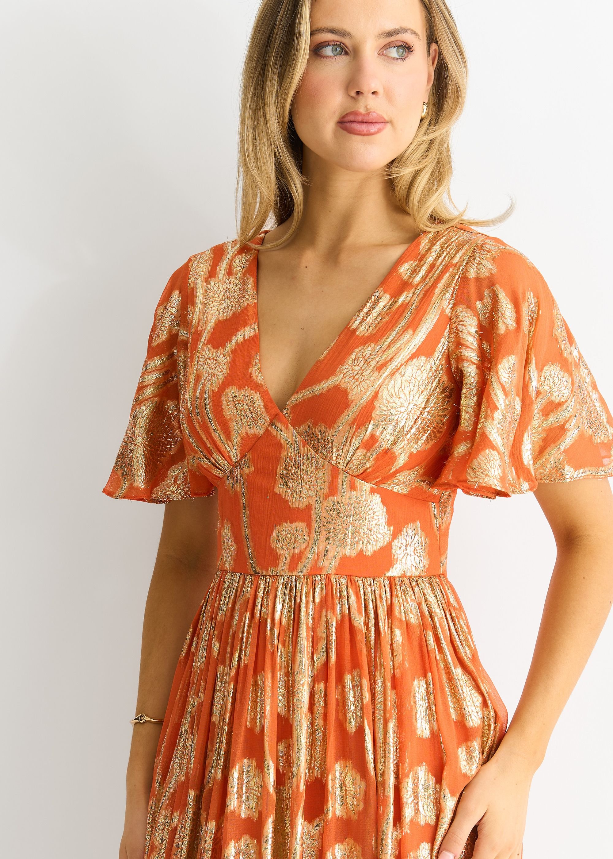 Gini London Gini London Women's Orange Metallic Jacquard Flutter Sleeves Maxi Dress - 2