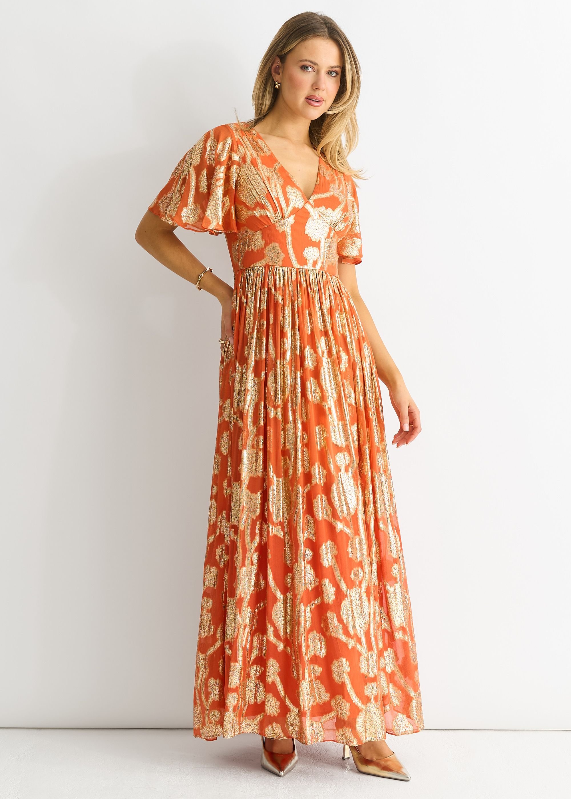 Gini London Gini London Women's Orange Metallic Jacquard Flutter Sleeves Maxi Dress - 3