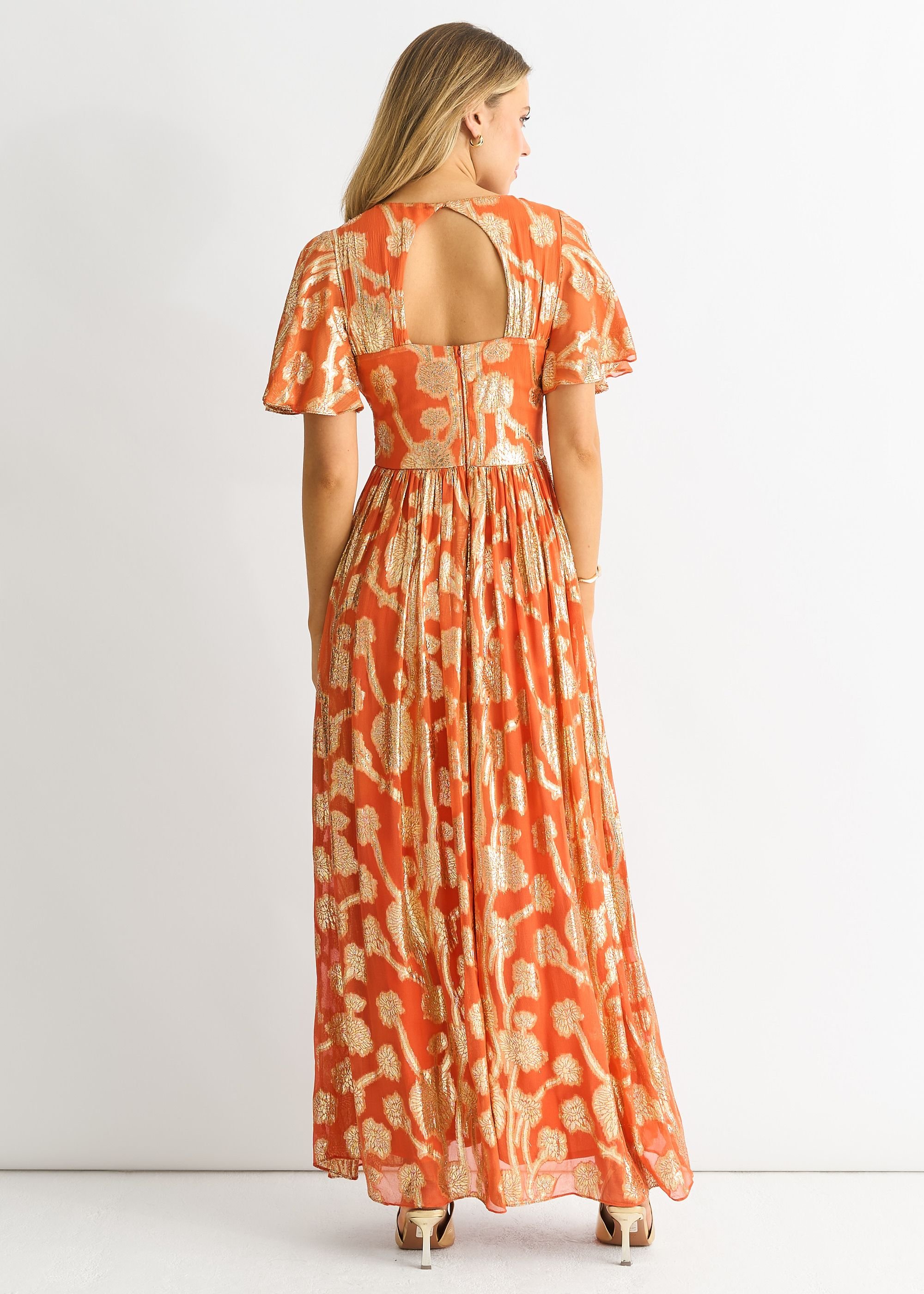 Gini London Gini London Women's Orange Metallic Jacquard Flutter Sleeves Maxi Dress - 4