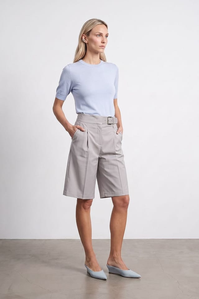 Dilvin Dilvin Women's High-Waist Wide-Leg Tailored Shorts With Belt in Light Grey - 2