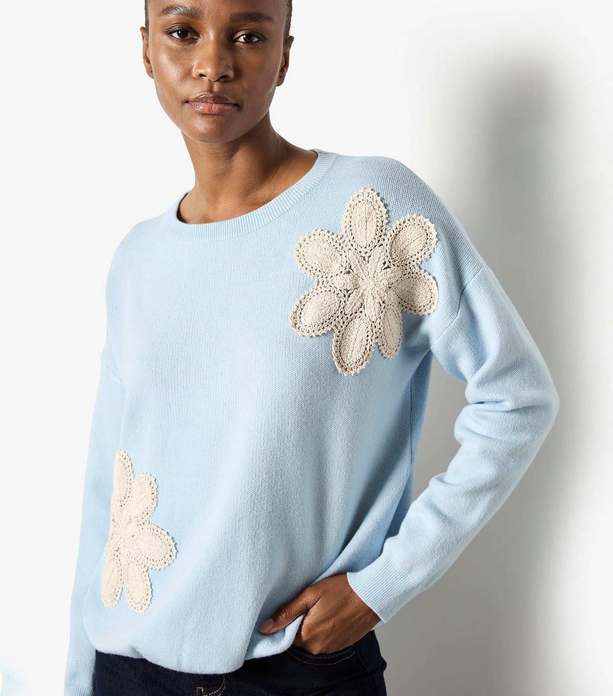 Apricot Women's Blue Contrast Crochet Florals Jumper Apricot New Look