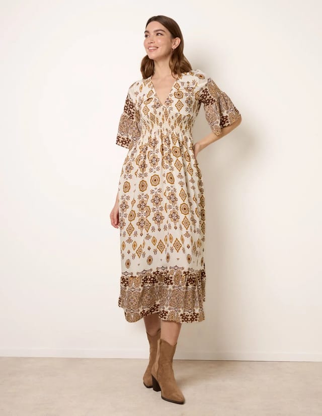 Blue Vanilla V Neck Border Print Dress - 3