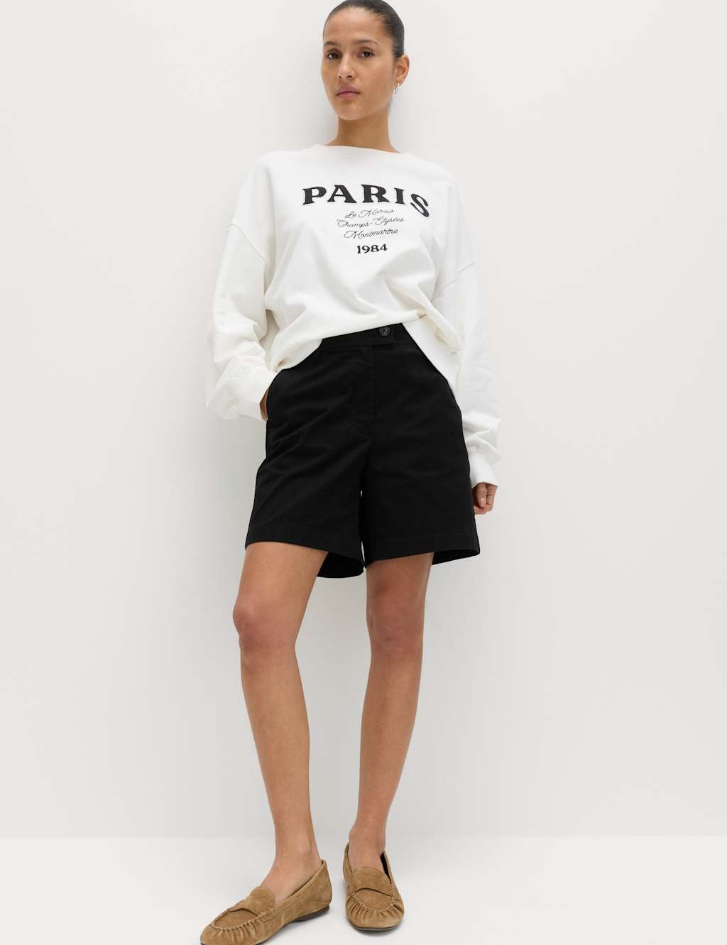 Marks & Spencer M&S Cotton Rich High Waisted Chino Shorts Black - 2