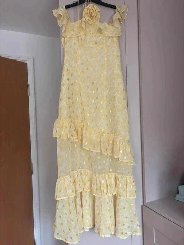 Never Fully Dressed NFD Lemon yellow gold spot floral Lottie dress size 8