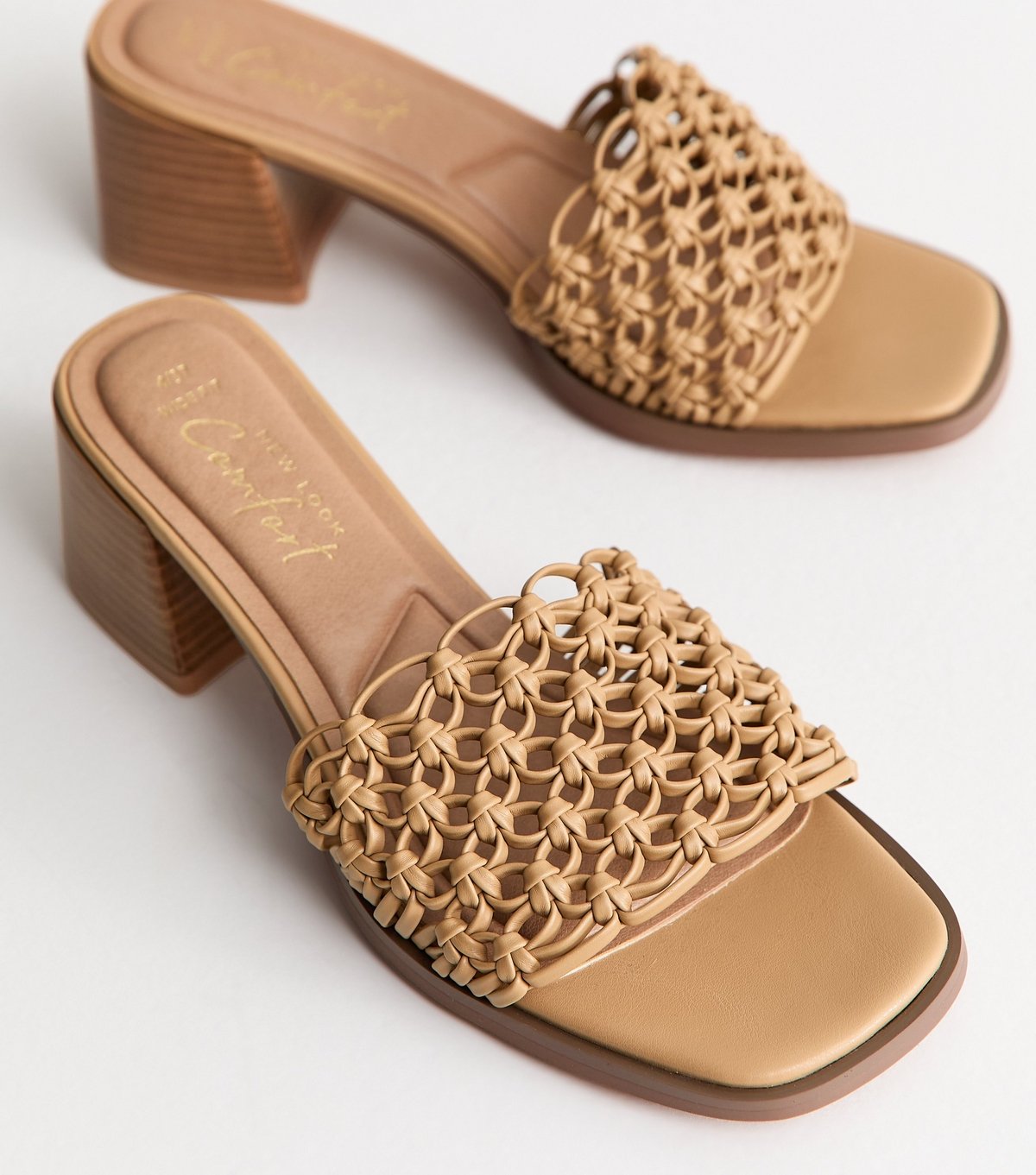 New Look Women's Wide Fit Camel Woven Faux Leather Block Heels Sandals Vegan New Look - 4