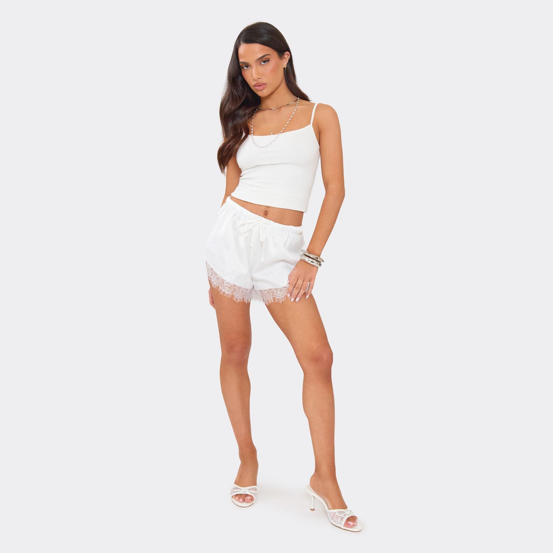 EGO Mid Rise Lace Trim Shorts In White Satin, Women's Size UK 6