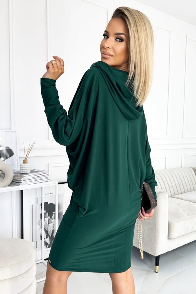 Love Lace Love Lace Women's Stretch Suede Texture Bat Hood Dress in Green - 3