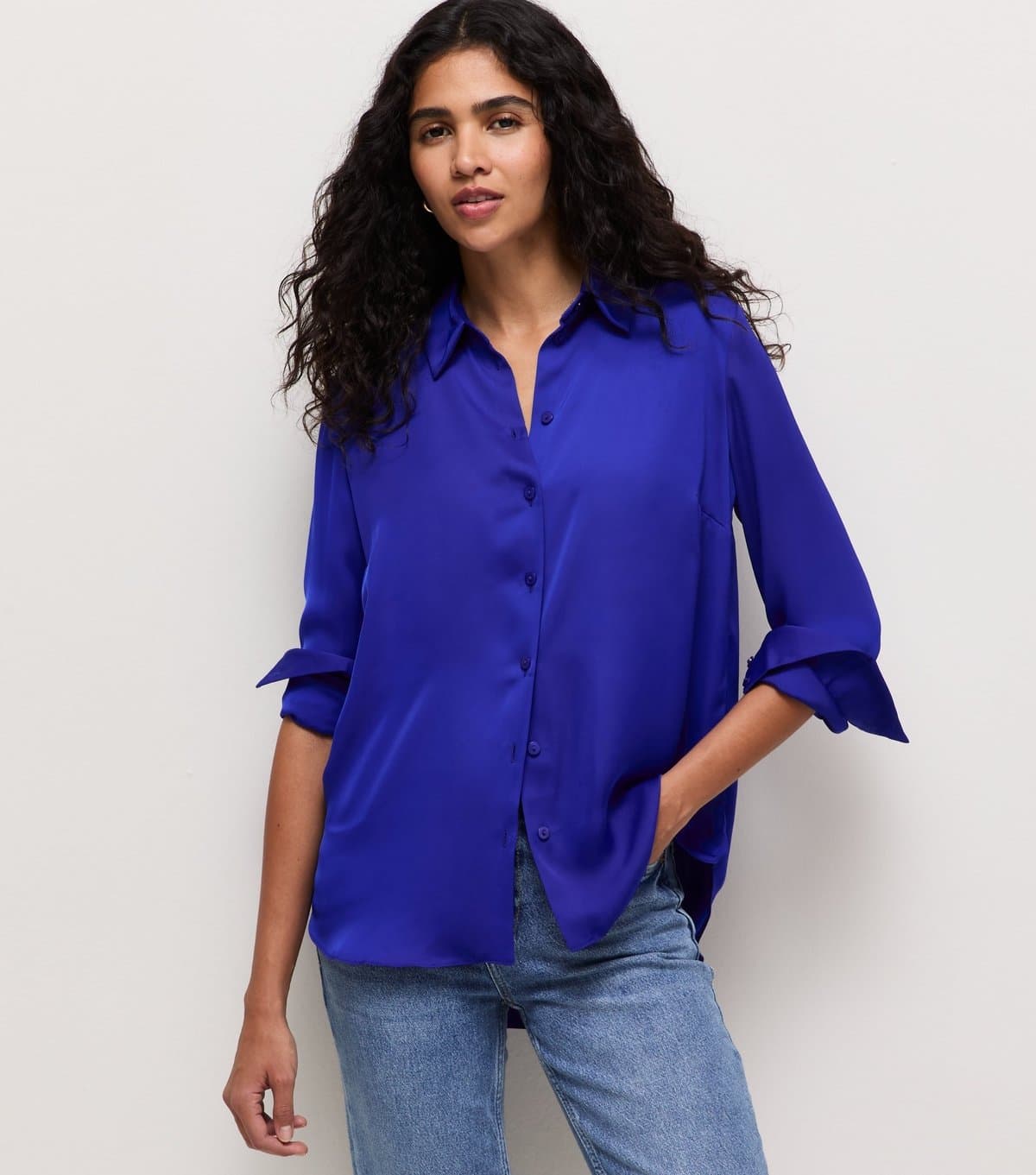 New Look Women's Bright Blue Satin Long Sleeve Shirt New Look