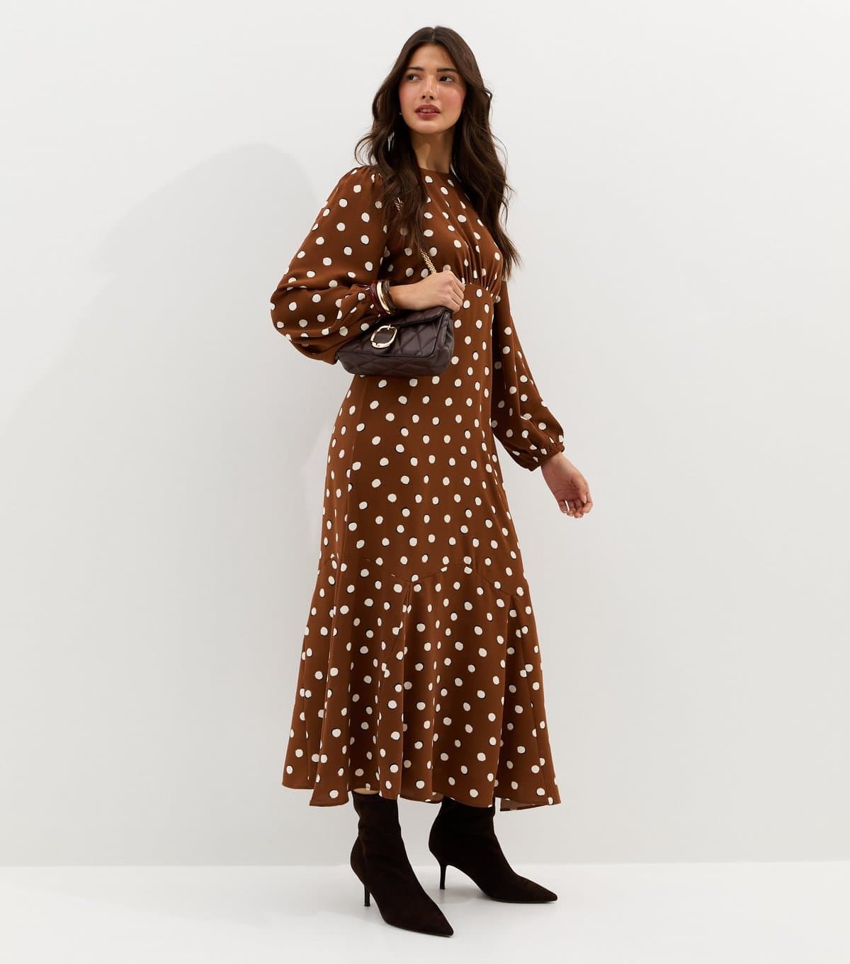 New Look Women's Brown Polka Dot Godet Midi Dress New Look