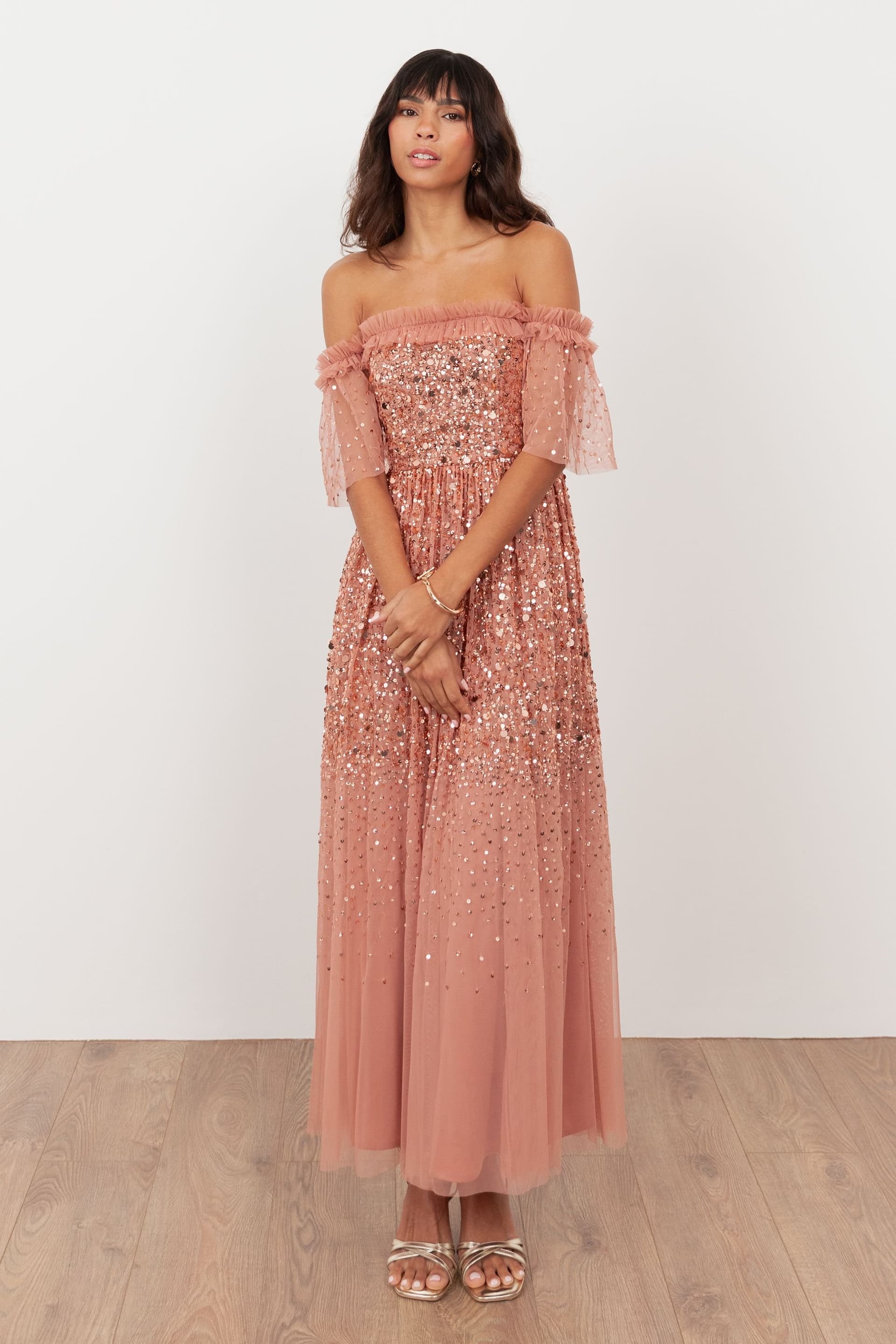 Maya Deluxe Maya Deluxe Women's Embellished Bardot Midaxi Dress in Pink