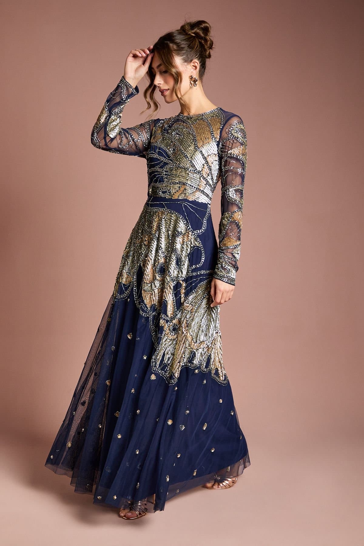 Coast Coast Women's Premium Hand Embellished Maxi Dress in Navy