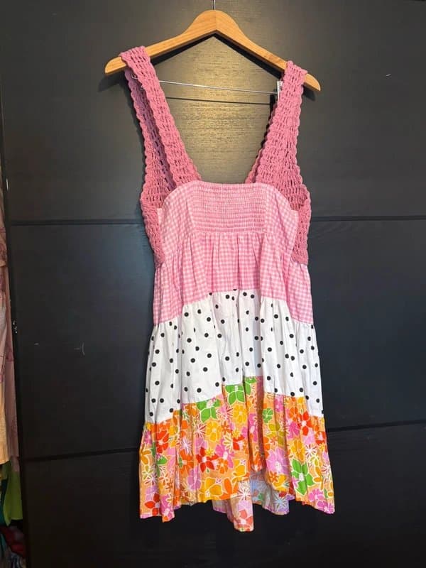 ASOS Design Asos crochet detail floral & polka dot print babydoll dress size 10-14