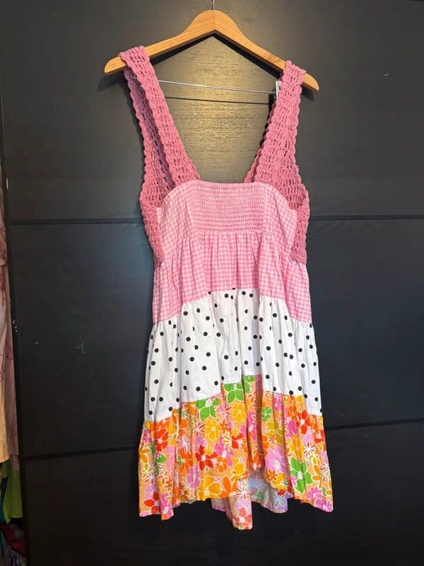ASOS Design Asos crochet detail floral & polka dot print babydoll dress size 10-14 - 1