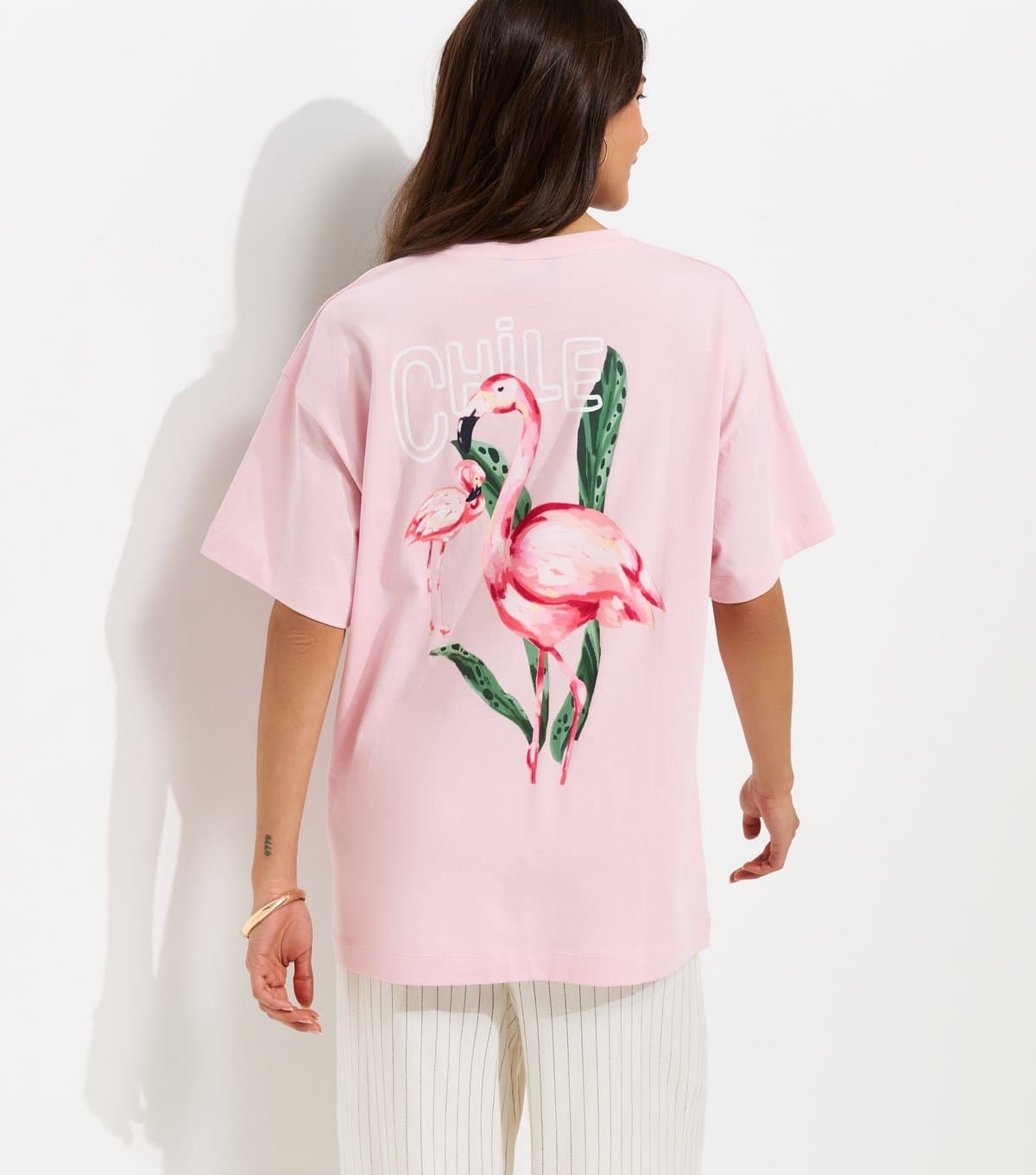 New Look Women's Light Pink Cotton Flamingo Print Oversized T-Shirt New Look