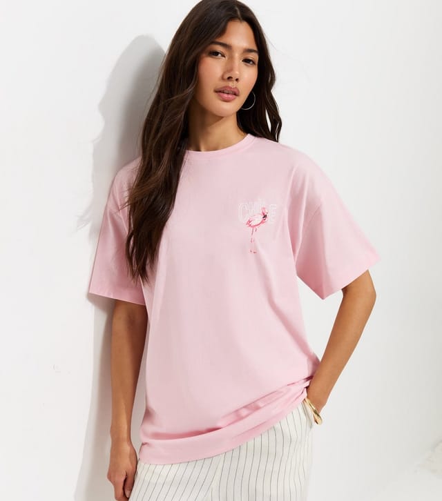 New Look Women's Light Pink Cotton Flamingo Print Oversized T-Shirt New Look - 3