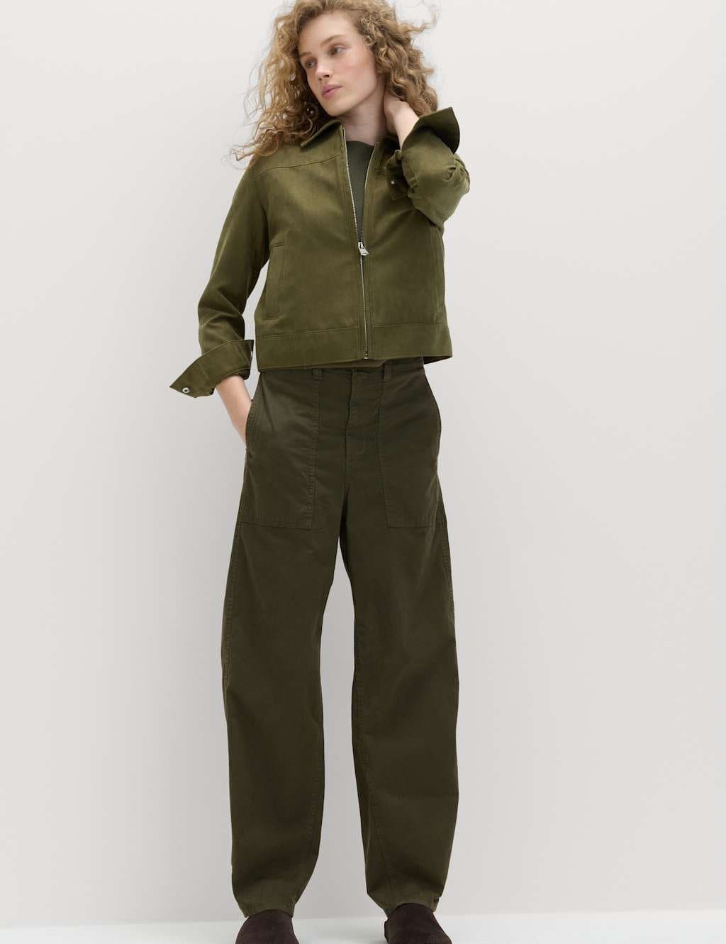 Marks & Spencer M&S Cotton Rich Barrel Leg Trousers Dark Khaki