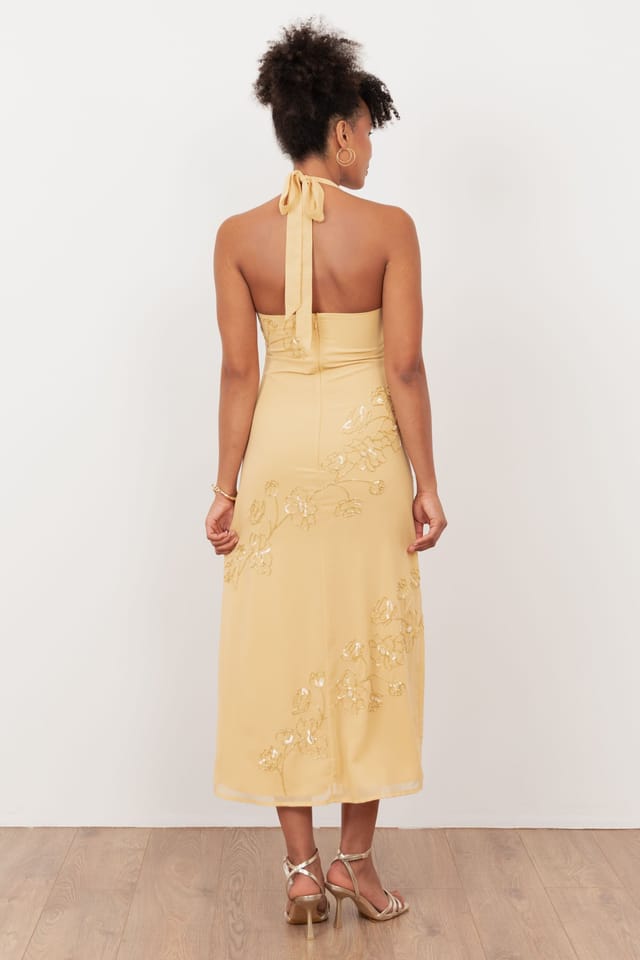 Maya Deluxe Maya Deluxe Women's Floral Motif Halter Neck Midaxi Dress in Yellow - 2