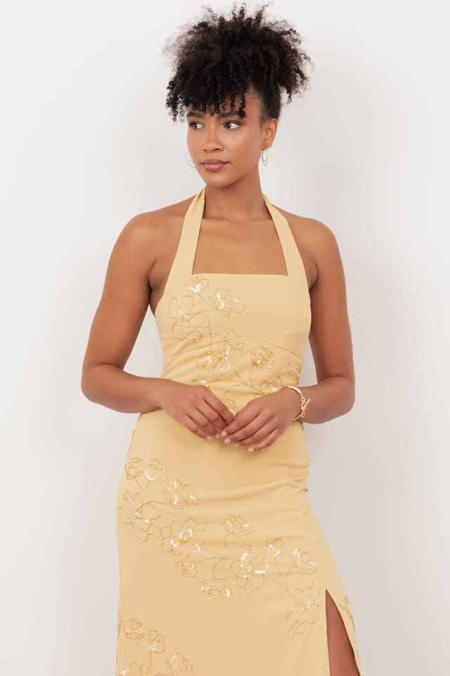 Maya Deluxe Maya Deluxe Women's Floral Motif Halter Neck Midaxi Dress in Yellow - 3