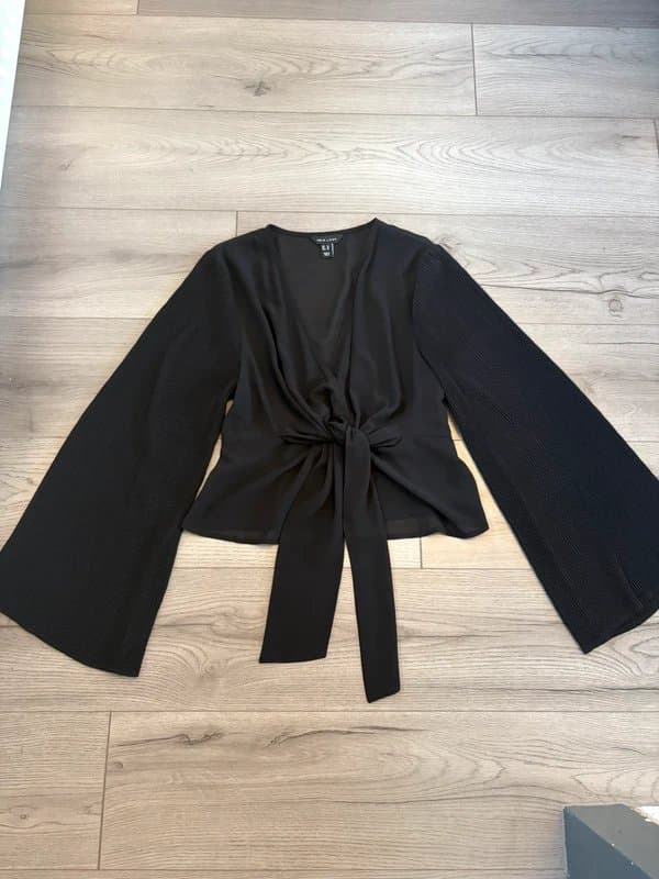 New Look New Look Black tie knot ladies women’s plain black blouse top bell sleeves chiffon uk size 14