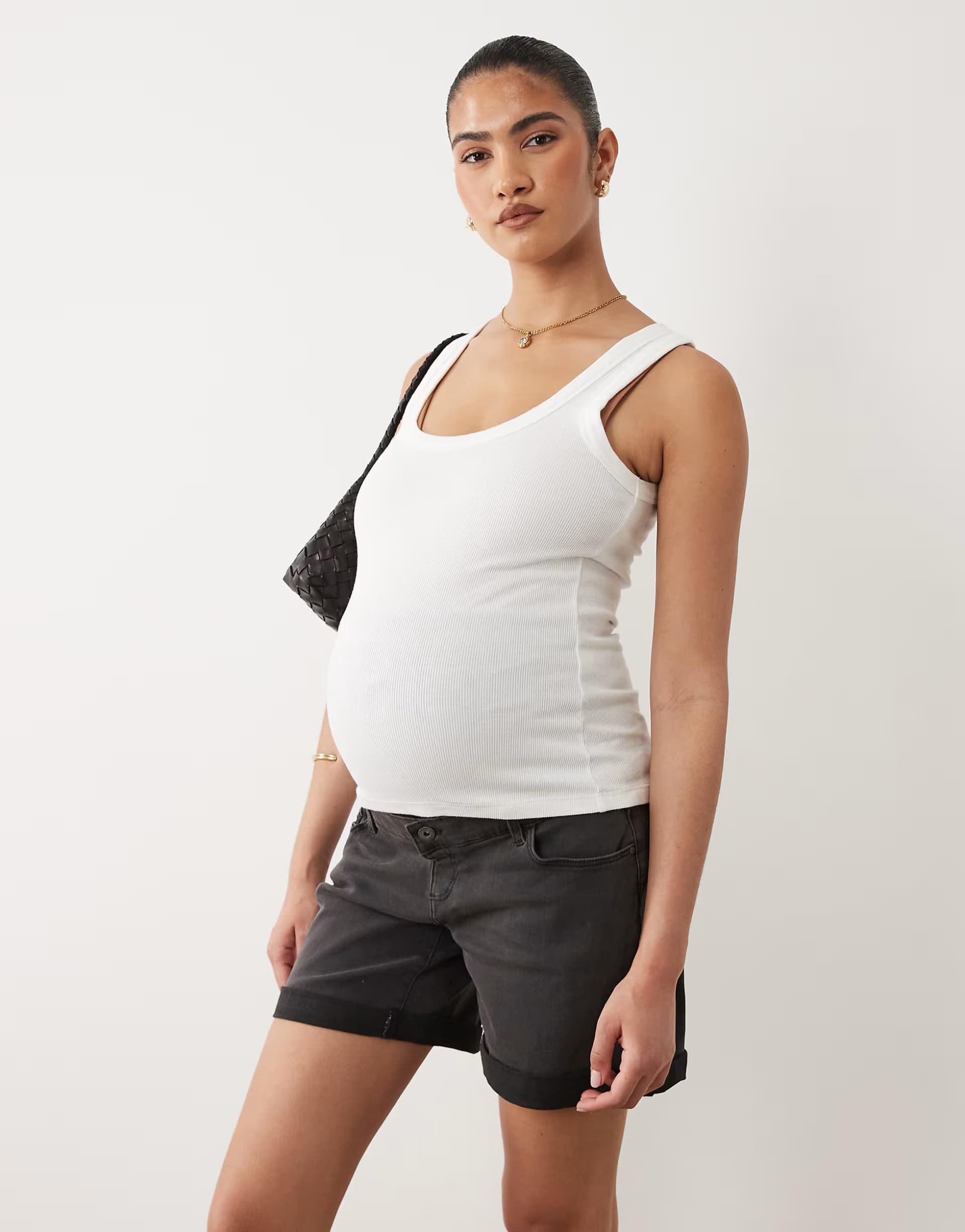 ASOS Mamalicious Maternity over the bump wide leg longline denim shorts in black