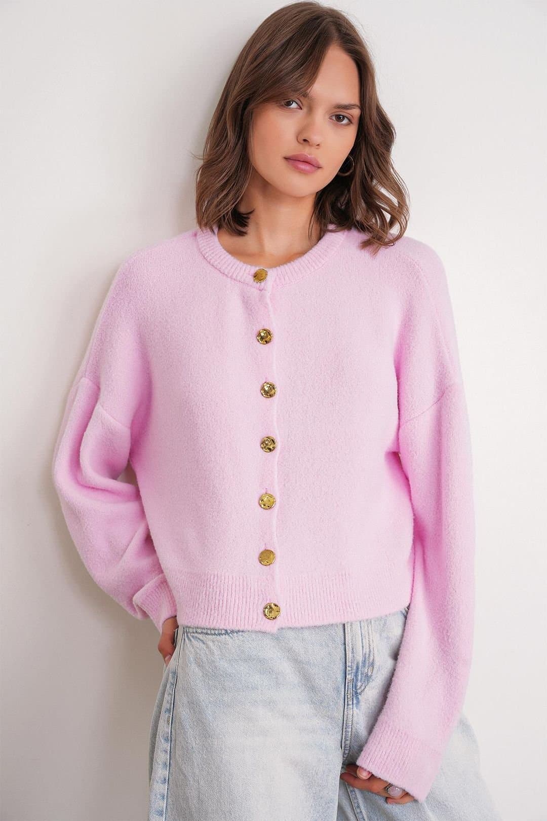 MixRay MixRay Women's Buttoned Ribbed Knit Cardigan in Pale Pink