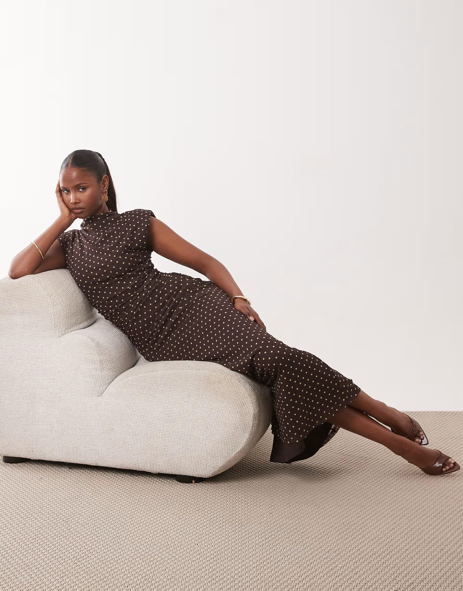 ASOS DESIGN Polka Dot Printed Mesh High Neck Maxi Dress With