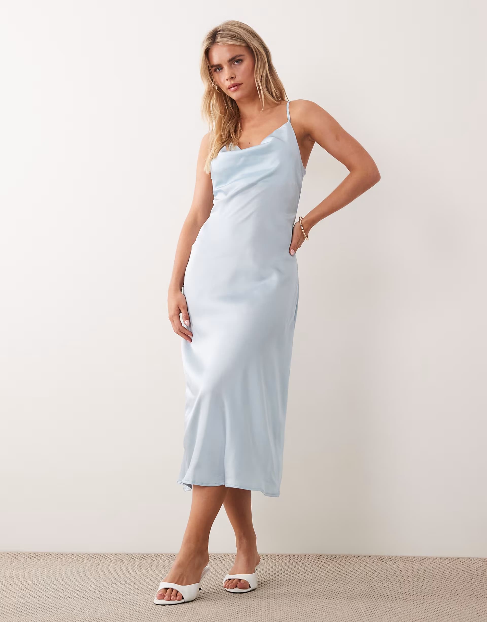 ASOS New Look Petite satin cowl neck midi dress in light blue