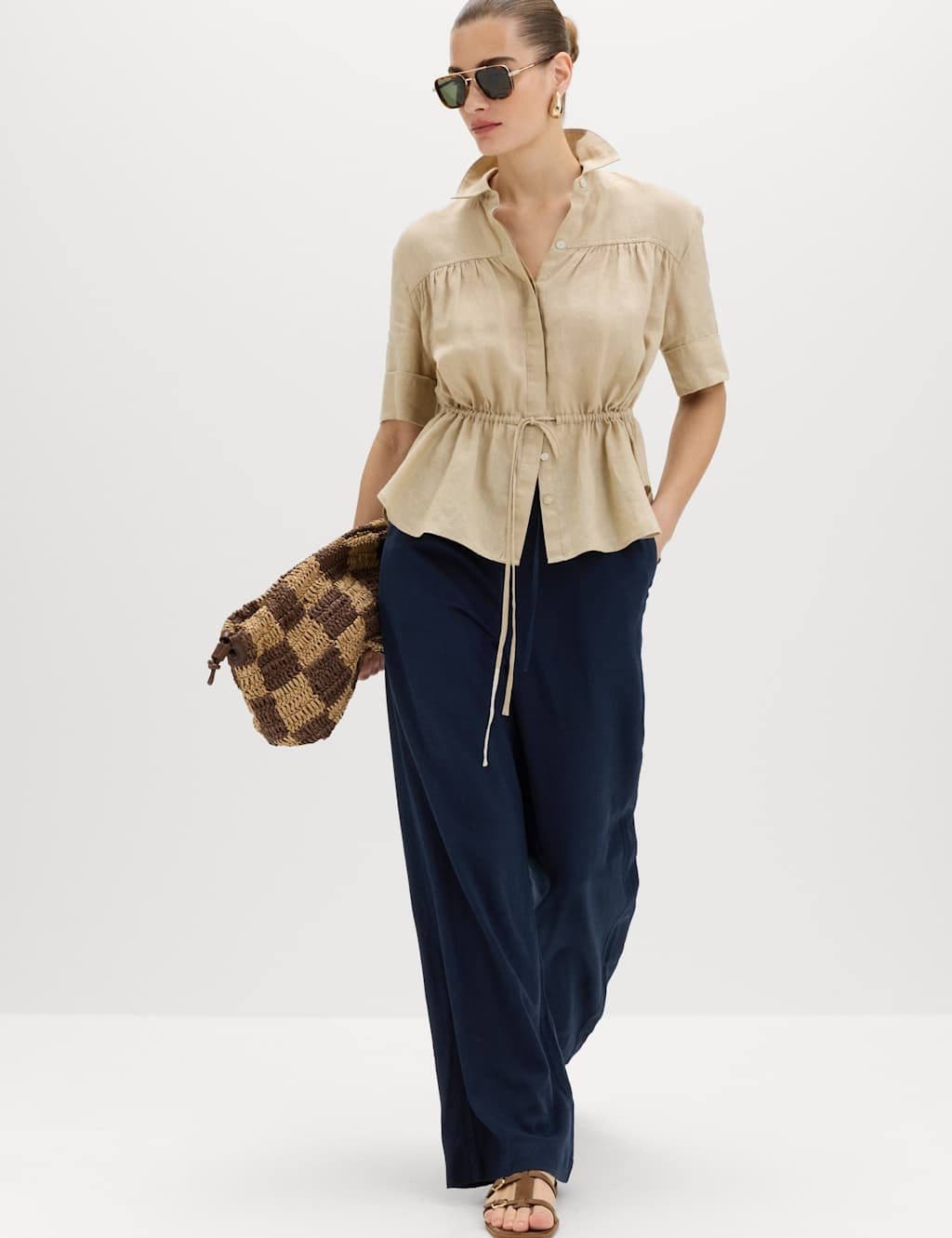 Marks & Spencer M&S Drawstring Wide Leg Trousers with Linen Navy - 1