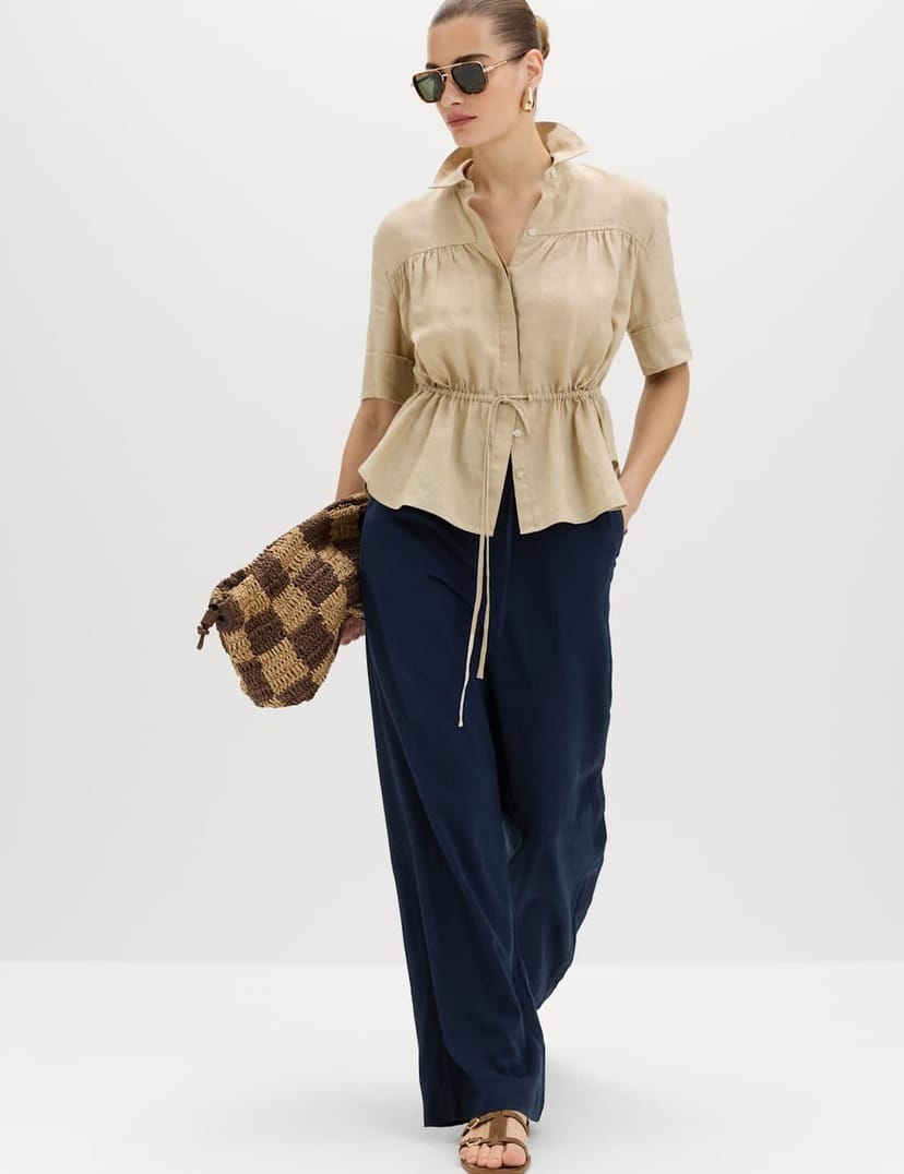 Marks & Spencer M&S Drawstring Wide Leg Trousers with Linen Navy - 1
