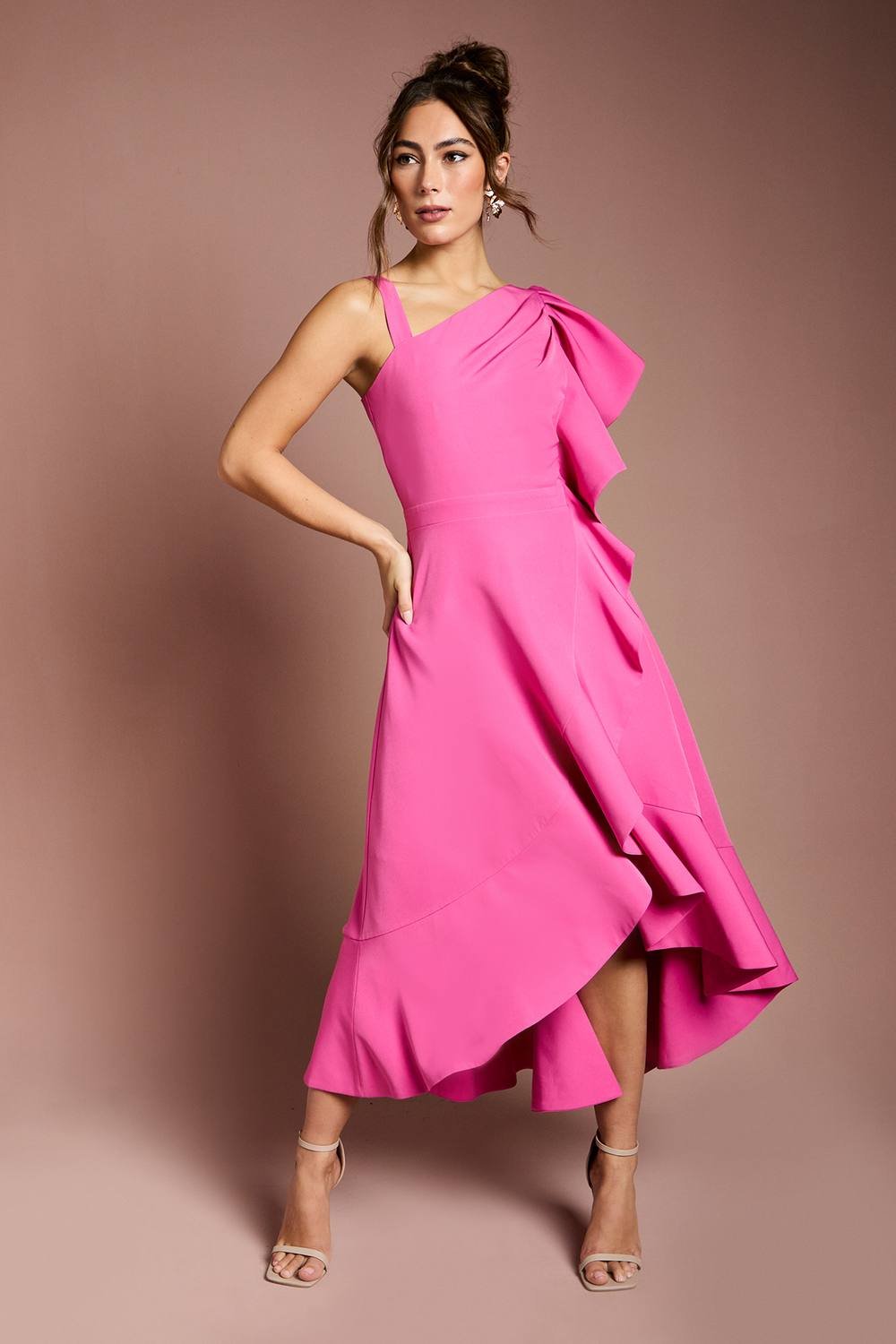 Coast Coast Women's One Shoulder Crepe Ruffle Midi Dress in Pink - 2