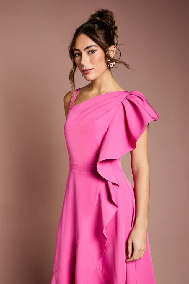 Coast Coast Women's One Shoulder Crepe Ruffle Midi Dress in Pink - 2