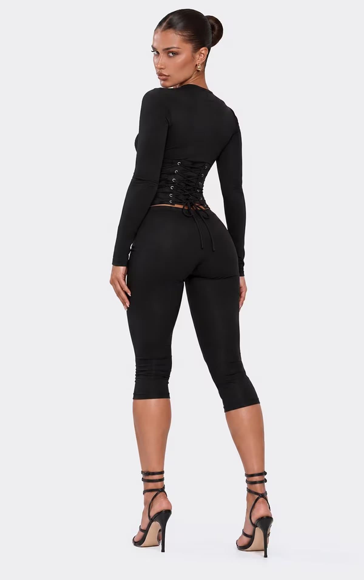 EGO Long Sleeve Corset Top And Capris Co-Ord Set In Black, Women's Size UK M/L