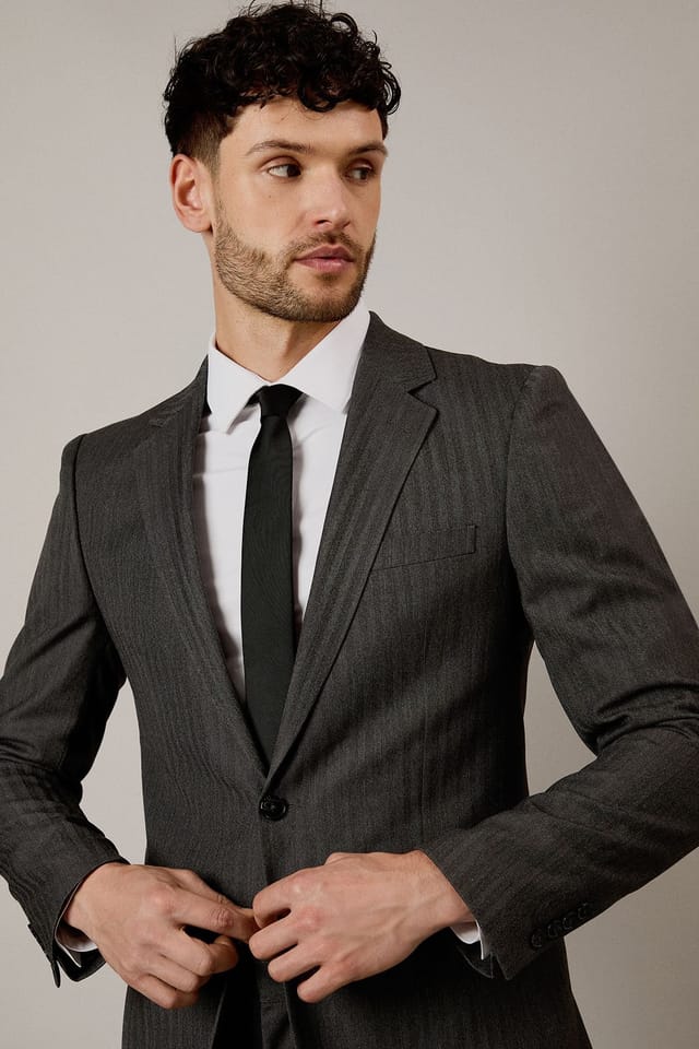 Burton Burton Men's Grey Herringbone Slim Fit Suit Jacket - 3