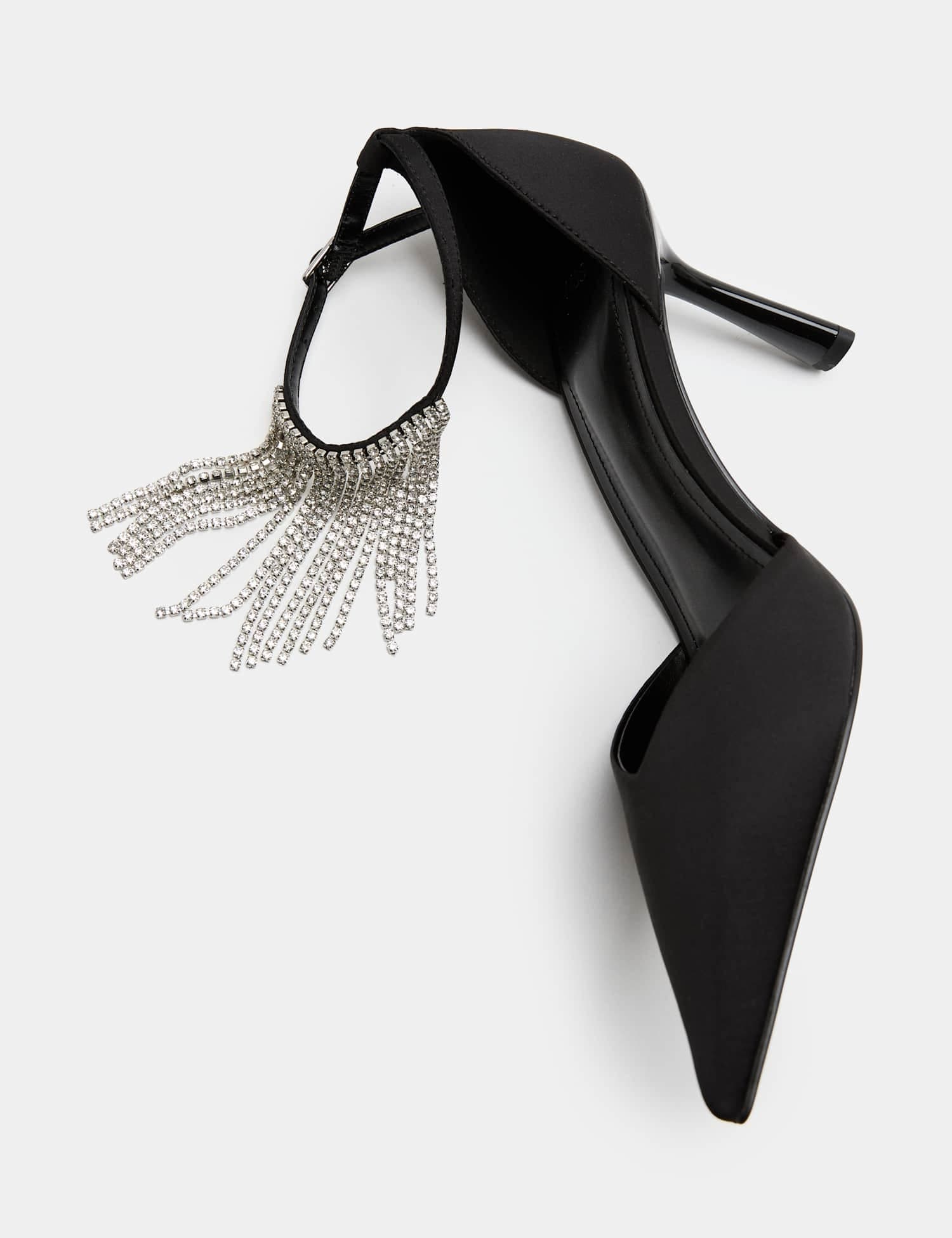 Marks & Spencer M&S Satin Fringed Ankle Strap Court Shoe Black