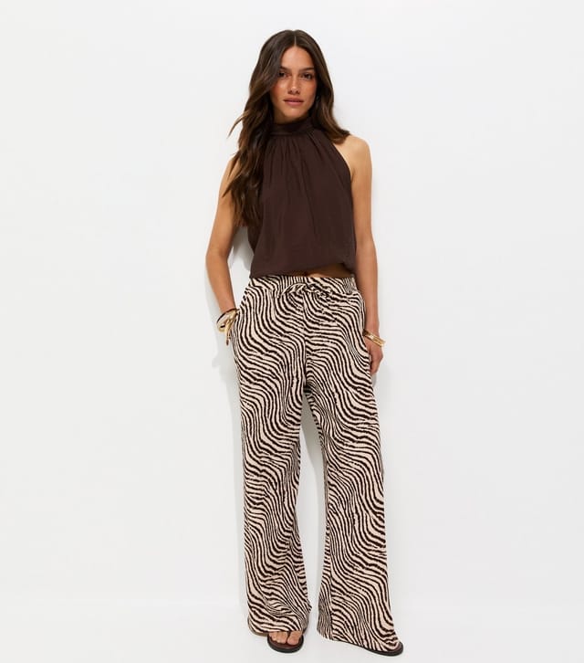 New Look Women's Petite Brown Zebra Print Crinkled Wide Leg Trousers New Look - 3